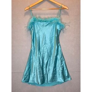 Thirty Three Turquoise Satin Feather Trim Mini Dress Open Back Tie Blue Medium